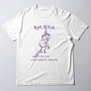 A white t-shirt with a graphic design depicting a frog wearing a witch's hat and holding a broom, along with the text 