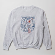 A gray sweatshirt with a graphic design on the front. The design features a clock with various symbols and text, including the phrase 