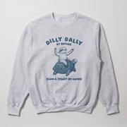 A gray sweatshirt with a graphic design featuring a sloth riding a turtle.