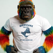 A monkey with colorful hair is wearing a white t-shirt with a humorous text and graphic.