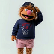 A stuffed animal character wearing a navy blue sweatshirt with the word 