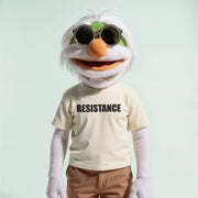 A white and green plush toy with sunglasses and the word 