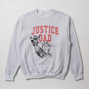 A gray sweatshirt with a graphic design featuring a figure holding a flag and the text 