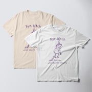 two t-shirts with a humorous text and graphic design.