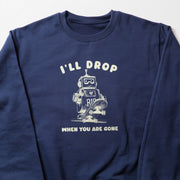 A navy blue sweatshirt with a white graphic design depicting a robot riding a skateboard and the text 
