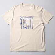 A white t-shirt with a graphic design depicting a cartoon duck inside a blue cage, accompanied by the text 