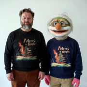 A man with a beard and a man wearing a green and white face mask are standing next to each other, both wearing matching 