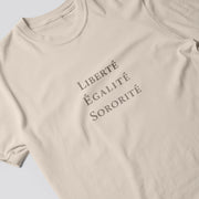A beige t-shirt with the text 