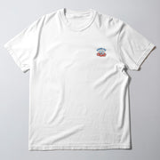 A white t-shirt with a small graphic design on the left side.