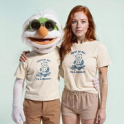 A person wearing a white t-shirt with a cartoon character and the text 