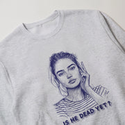 A gray sweatshirt with a drawing of a woman's face and the text 