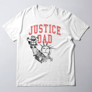 A white t-shirt with a graphic design featuring a figure holding a flag and the text 