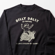 A black sweatshirt with a graphic design featuring a sloth riding a turtle.