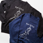 two sweatshirts with the same design, one black and one blue. The black sweatshirt has the text 