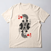 A white t-shirt with a graphic design depicting a woman with a spiky hairstyle and a red heart symbol, holding a wine glass.