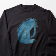 A black sweatshirt with a blue elephant graphic and text printed on it.