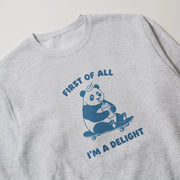 A gray sweatshirt with a blue graphic design depicting a panda riding a skateboard and holding a drink. The text above the panda reads 