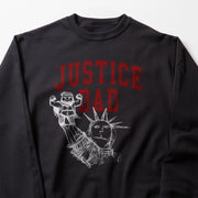 A black sweatshirt with a graphic design featuring a figure holding a shield and the text 
