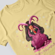 A yellow t-shirt with a graphic design depicting a man with horns, wearing a suit and tie, and holding a large purple bag. The text 