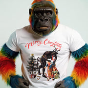 A person wearing a white t-shirt with a Christmas-themed graphic and a colorful, multicolored monkey on the front.