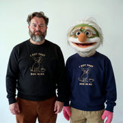 Two men wearing matching black sweatshirts with a dog graphic and the text 