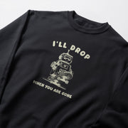 A black sweatshirt with a graphic design featuring a robot and the text 