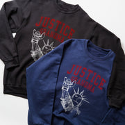 two sweatshirts with the same design, one black and one blue, both with the text 