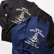 two sweatshirts with the same design, one black and one blue.