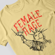 a yellow t-shirt with a graphic design depicting a stylized figure, possibly a person or a character, with the text 