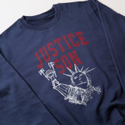 A navy blue sweatshirt with a red and white graphic design featuring a stylized depiction of the Statue of Liberty.