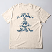 A white t-shirt with a graphic design featuring a cartoon raccoon character and text that reads 