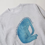 A gray sweatshirt with a blue elephant graphic and the text 