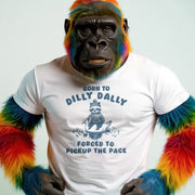 A person wearing a white t-shirt with a graphic of a monkey and text that reads 