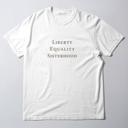 A white t-shirt with the text 