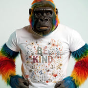 A person wearing a white t-shirt with a colorful, flowery design and the text 