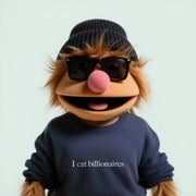 A cartoon character wearing sunglasses, a beanie, and a blue sweatshirt with the text 
