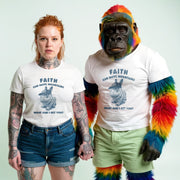 A woman with red hair wearing a white t-shirt with a graphic and text, and a man dressed in a white t-shirt with a graphic and text, standing together.
