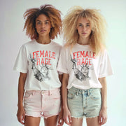 Two young women wearing white t-shirts with the text 