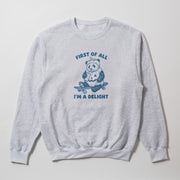 A gray sweatshirt with a graphic design of a panda bear on a skateboard and the text 