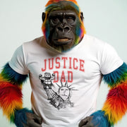 A person wearing a white t-shirt with a graphic design and text, and has a colorful, multi-colored fur-like arm.