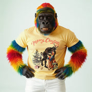 A person wearing a yellow t-shirt with a Christmas-themed graphic and colorful fur sleeves stands against a white background.