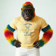 A person wearing a yellow t-shirt with a graphic of a dog and the text 