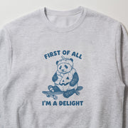A gray sweatshirt with a graphic design featuring a panda bear riding a skateboard and holding a sign that says 