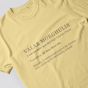 A yellow t-shirt with black text printed on it.