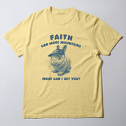 A yellow t-shirt with a graphic design featuring a rabbit wearing a baseball cap and the text 