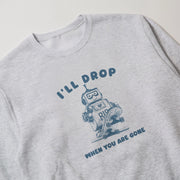 A gray sweatshirt with a graphic design depicting a robot riding a skateboard and the text 