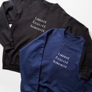 two sweatshirts with the same text printed on them.