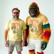 Two men wearing yellow t-shirts with the text 