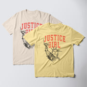 two t-shirts with the same design, one in yellow and one in white.