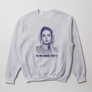 A gray sweatshirt with a graphic design depicting a woman's face and the text 